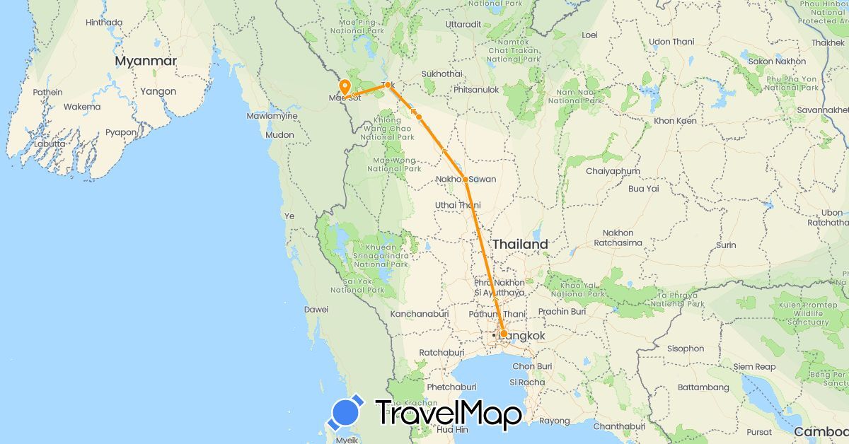 TravelMap itinerary: driving, hitchhiking in Thailand (Asia)